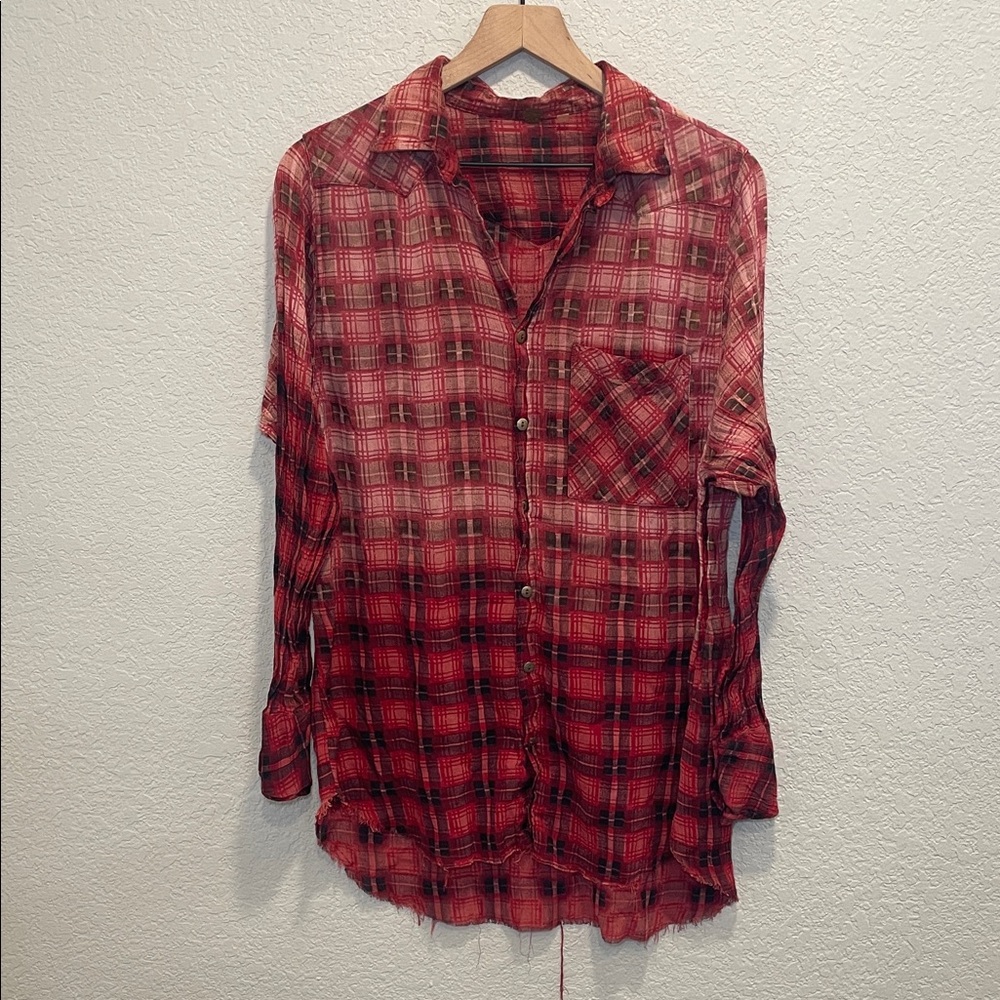 Free People One Lightweight Red Plaid Button-Up Shirt Size M/L - Picture 3 of 9